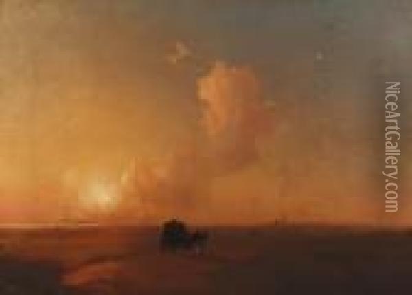 Camel-cart At Sunset In A Coastal Landscape Oil Painting - Ivan Konstantinovich Aivazovsky