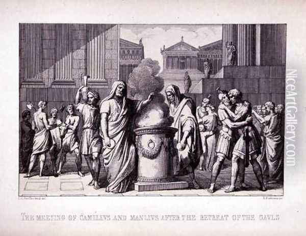 The Meeting of Camillus and Manlius After the Retreat of the Gauls, engraved by B.Barloccini, 1849 Oil Painting - C.C Perkins