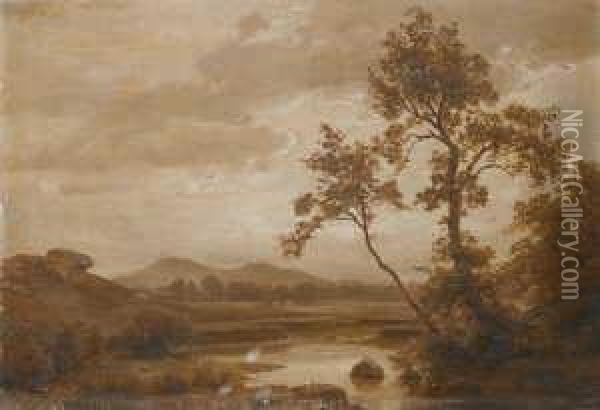 Abendliche Flusslandschaft. Oil Painting - Carl Friedrich Lessing