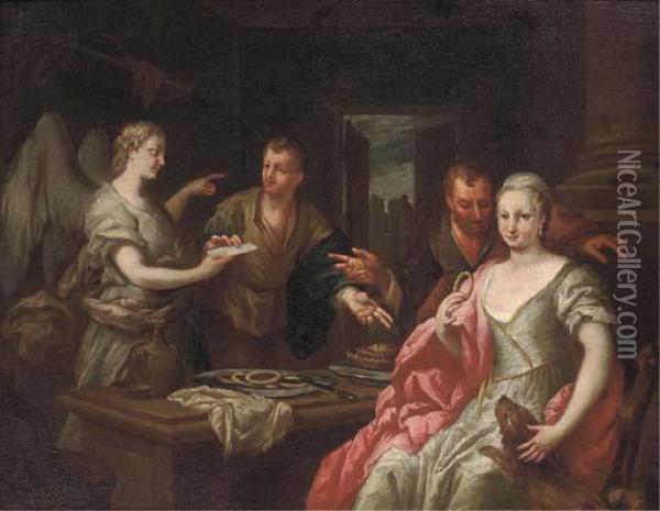 An Angel Appearing As A Messenger To A Family In An Interior Oil Painting - Giacomo Ceruti (Il Pitocchetto)