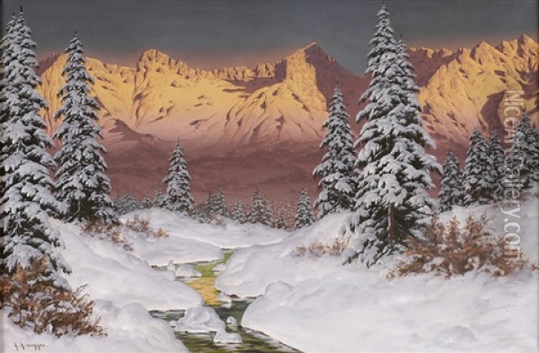 Alpine Gebirgskette Mit Stadtansicht Oil Painting - Alwin Arnegger