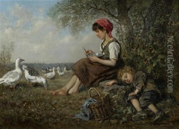 Geschwister Mit Gansen Oil Painting - Wilhelm Friedenberg