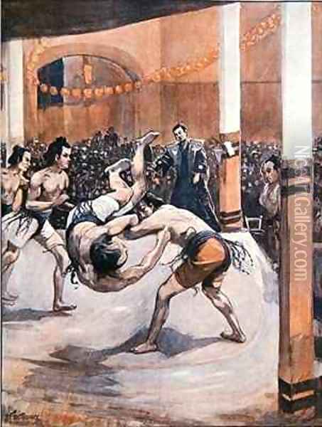 Traditional Japanese Wrestling Sumo wrestlers displaying their art at the Japanese Exhibition in London Oil Painting - Joseph Finnemore