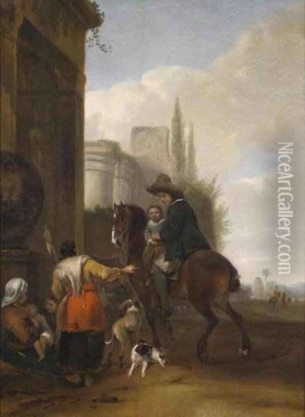 A Horseman And His Child Taking A Rest With A Gypsy Family Oil Painting - Hendrick Verschuring