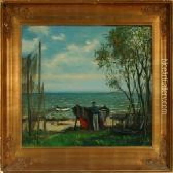 Coastal Scenery With A Fisherman By His Boat Oil Painting - Christian Bogo
