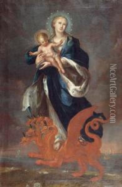 Madonna Mit Kind Auf Siebenkopfigem Drachen Stehend. Oil Painting - Jacob Carl Stauber