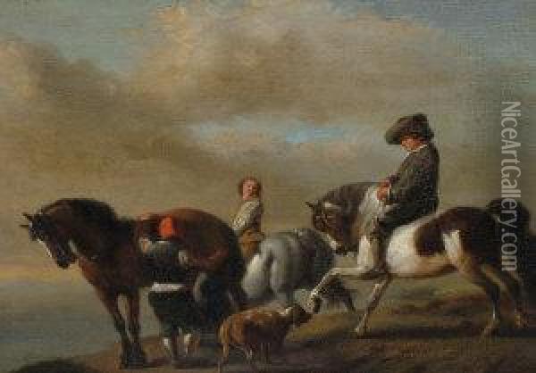 Horsemen On A Hillside Oil Painting - Pieter Wouwermans or Wouwerman