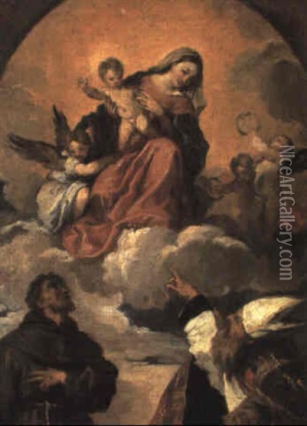 Madonna And Child In Glory With Sts. Francis And Aloysius And A Donor Oil Painting - Francesco Maffei