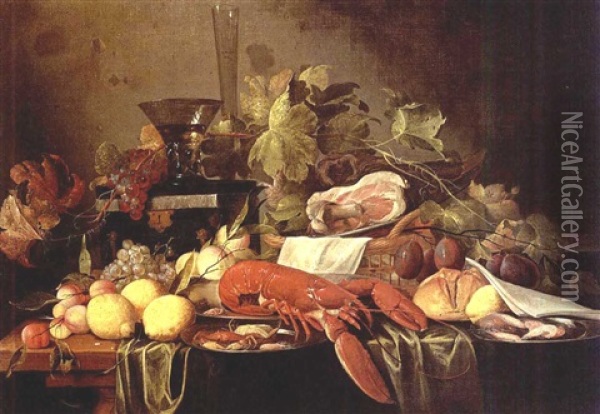 A Still Life With A Lobster, Crabs And Shrimps On Silver Plates, Lemons, Apricots, Black And White Grapes, Prunes, A Ham In A Basket, And A Bun Together With A Berkemeier On A Box And A Flute Oil Painting - Jan Davidsz De Heem