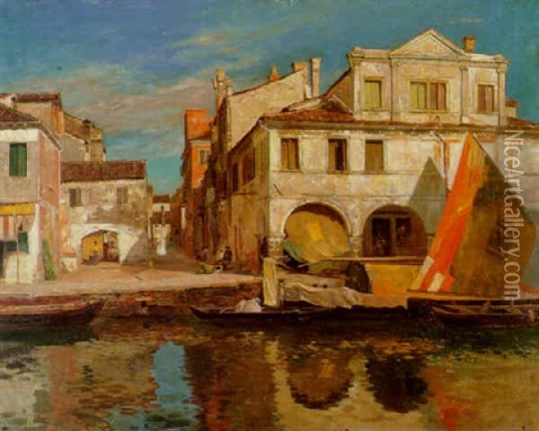 Kanalszene In Chioggia Mit Bragozzo Oil Painting - Gustav Bauernfeind
