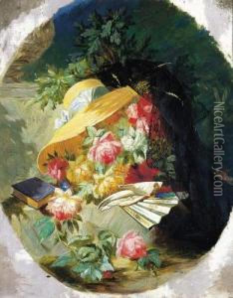 Fleurs, Eventail Et Chapeau De Paille Oil Painting - Jean-Baptiste Robie
