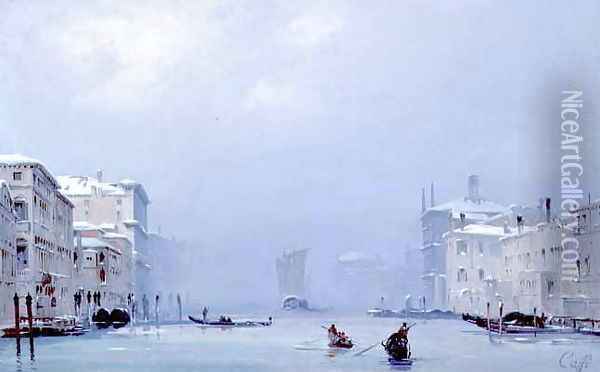 Grand Canal with Snow and Ice, 1849 Oil Painting - Ippolito Caffi