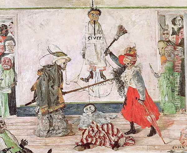 Two Skeletons fighting over a Dead Man, 1891 Oil Painting - James Ensor