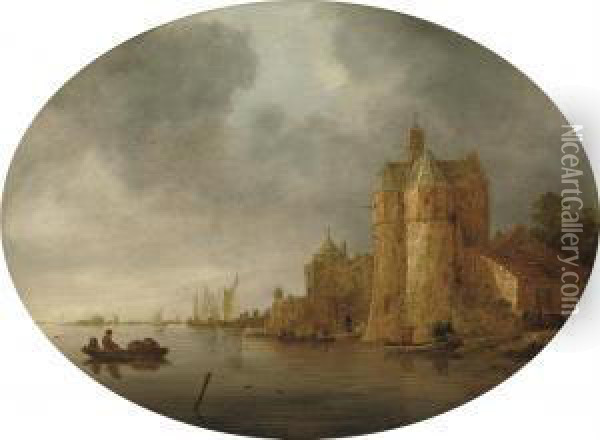 A River Landscape With Figures 
In Rowing Boats Near A Tower On Theoutskirts Of A Walled Town Oil Painting - Reinier Van Der Laeck