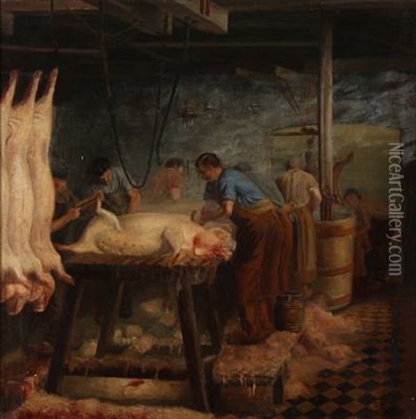 Pig Slaughter Oil Painting - Sophus Paulsen