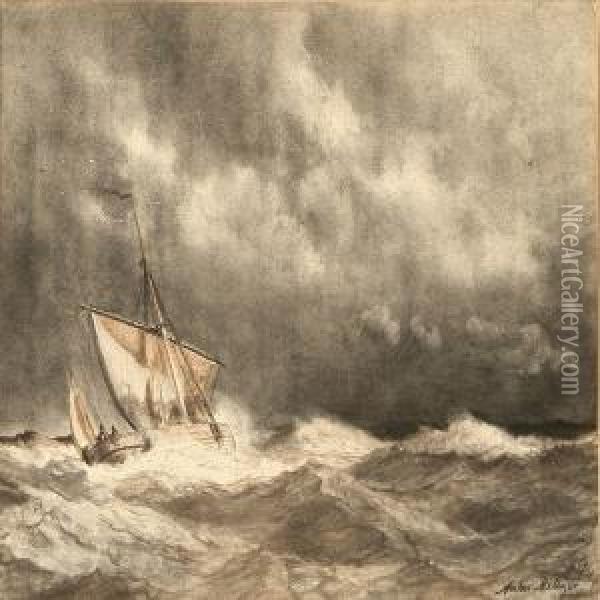 Marine With A Sailing Ship In Storm Oil Painting - Anton Melbye