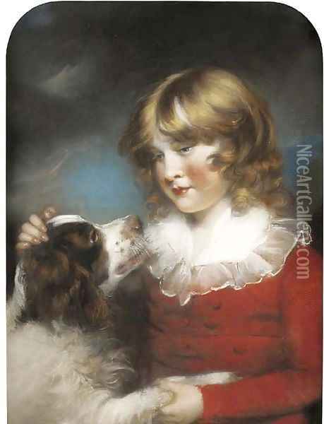 Portrait of a young boy, half-length, in a red coat and white collar, with a spaniel Oil Painting - John Russell