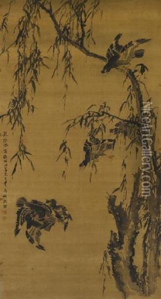 Magpie And Willow Oil Painting - Shen Quan
