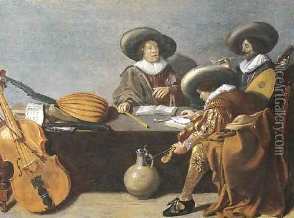 Officers smoking and music-making in an interior Oil Painting - Pieter Codde