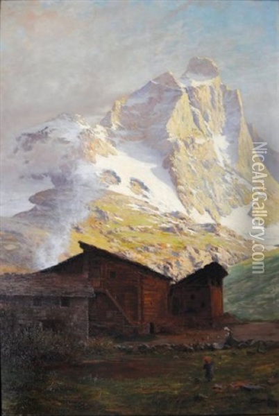 Le Cervin Depuis Breuil, Les Maisons De Saussure, 1910 Oil Painting - Leonardo Roda