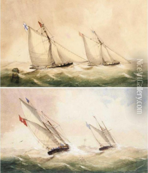 Schooners Racing Off Nib Lights, Isle Of Wight Oil Painting - Charles Taylor