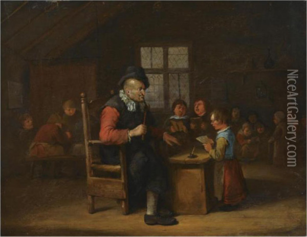 A Schoolroom Interior With A 
Teacher Seated Behind A Desk, A Younggirl Reading, Other Pupils In The 
Background Oil Painting - Egbert Jaspersz. van, the Elder Heemskerck