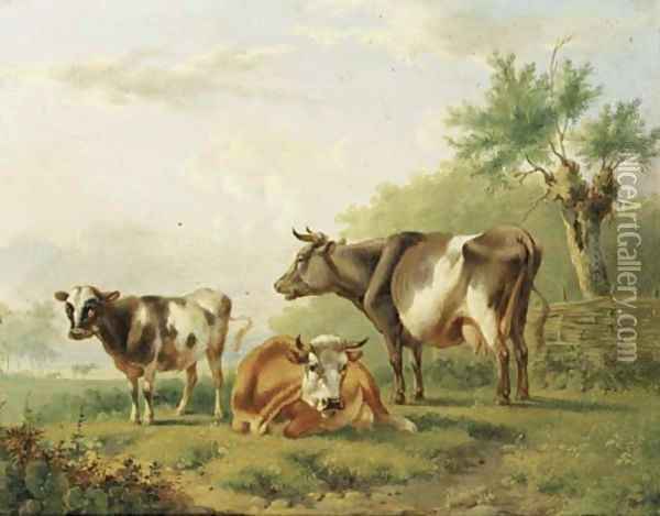Cows by a fence Oil Painting - Albertus Verhoesen