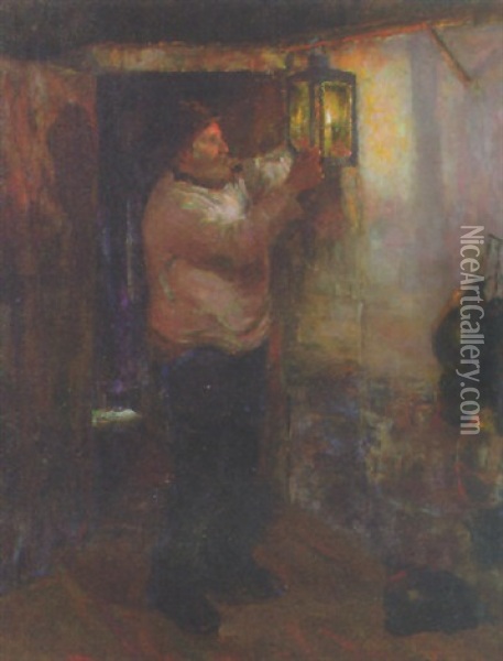 Lighting The Lamp Oil Painting - Gwendoline M. Hopton