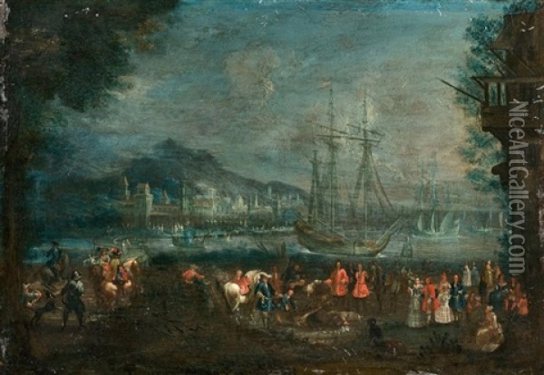 Le Retour De La Chasse Devant Un Port Ou Sont Mouilles Des Navires De Haut Bord Oil Painting - Jan-Baptiste van der Meiren
