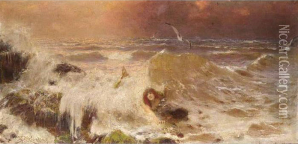 Mermaid In The Surf Oil Painting - Benes Knupfer