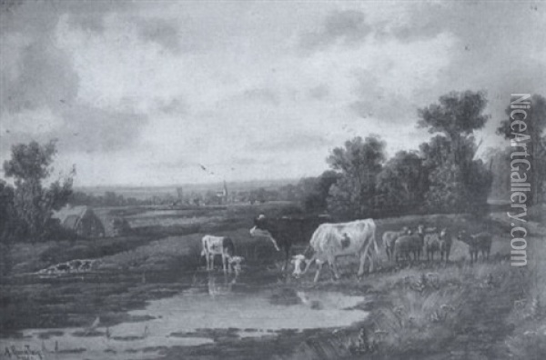 Cattle In A River Landscape Oil Painting - Alfred Robert Quinton