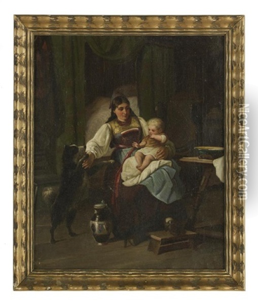 Mother And Child With Dog Oil Painting - Theodore Gerard
