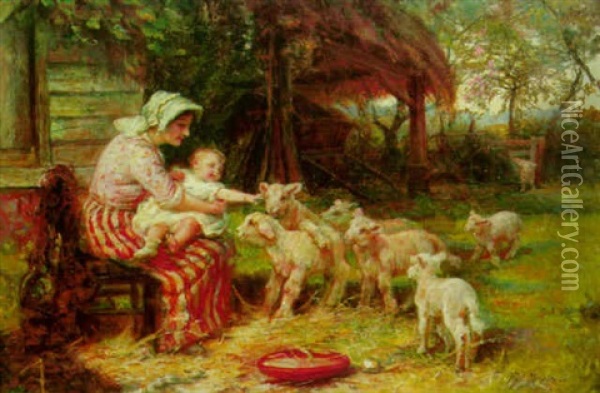 Springtime, Feeding The Lambs Oil Painting - Frederick Morgan
