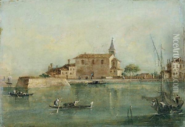 Capriccio With Buildings, A Fishing Boat And Gondolas In The Foreground Oil Painting - Francesco Guardi