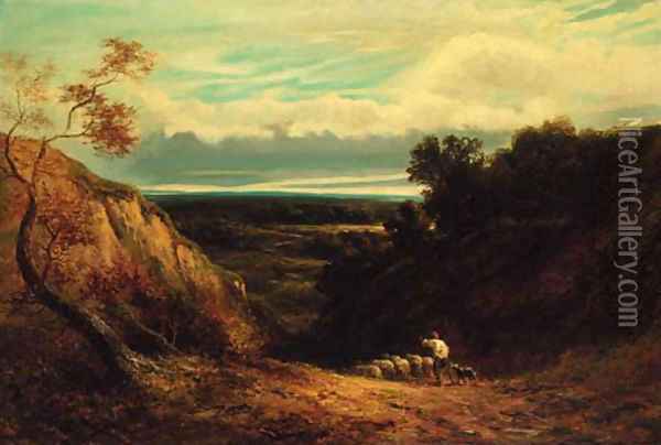 An extensive wooded landscape with a shepherd and flock Oil Painting - David Cox