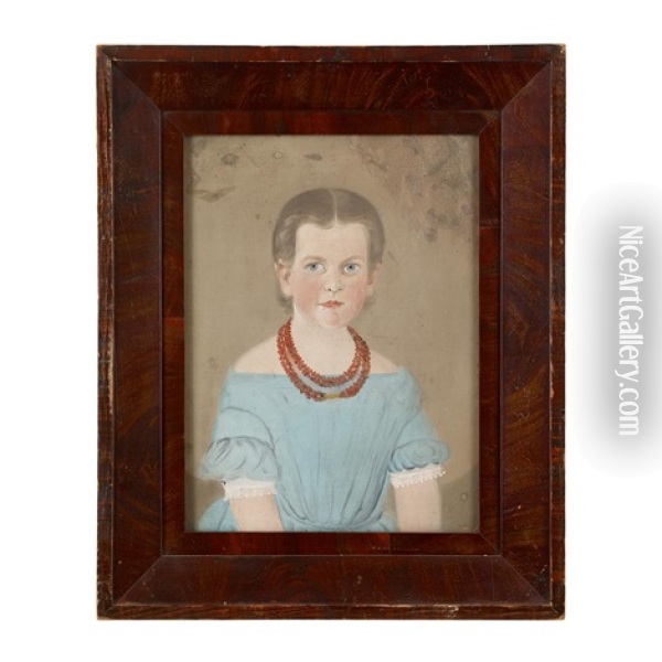 Portrait Of A Little Girl In A Blue Dress Wearing Garnet Necklace Oil Painting - William Matthew Prior
