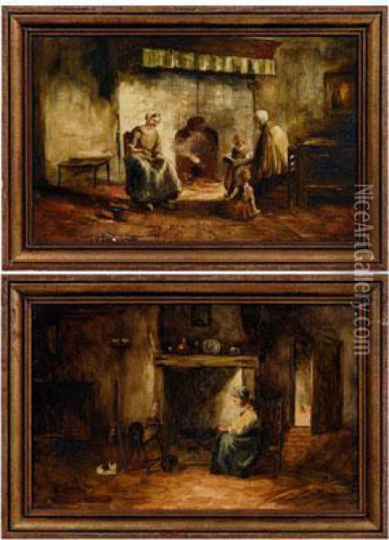 Oil On Porcelain: Woman With Bellows Tending Fire Oil Painting - George Dutch Davidson