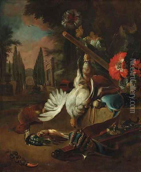 Dead game, a rifle, a blue velvet hunting pouch, with flowers in a park, a fountain beyond Oil Painting - Jan Weenix