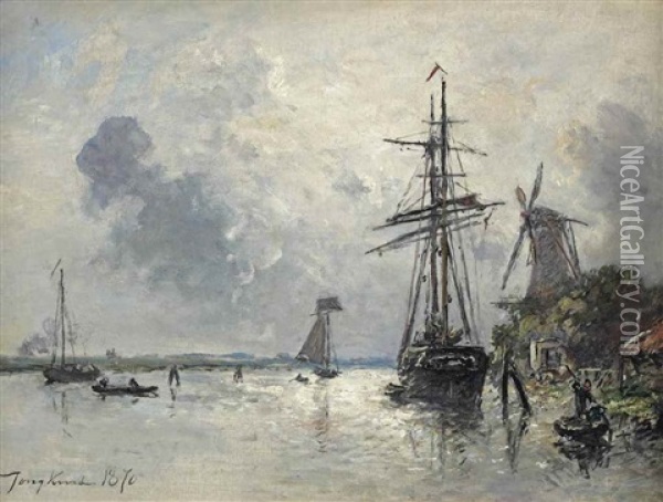 Le Riviere Le Merwede, Dordrecht, Hollande: Bateaux Sur La Meuse A Dordrecht Oil Painting - Johan Barthold Jongkind