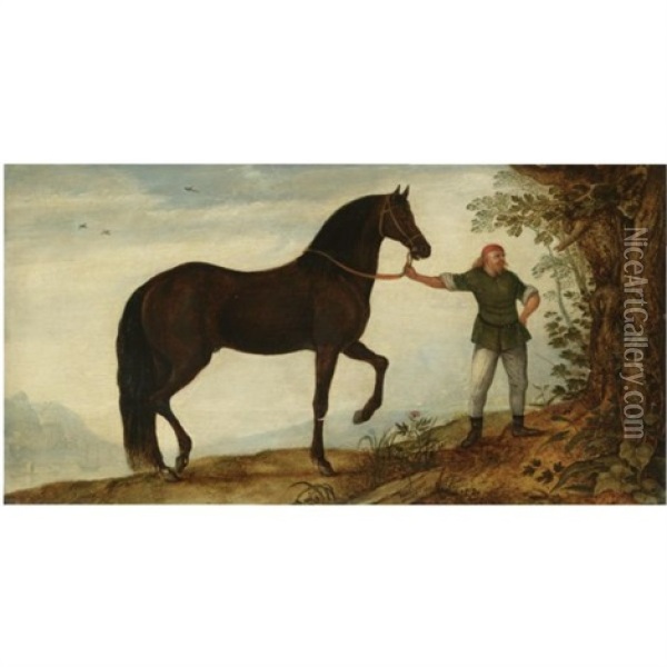 A Black Stallion With A Groom, In A Landscape Oil Painting - Roelandt Savery