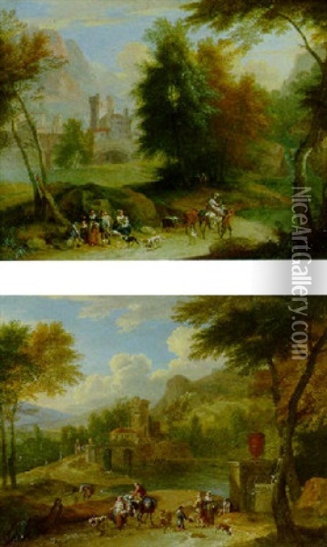 A Wooded Landscape With Peasants And Animals, A Town Beyond Oil Painting - Pieter Bout