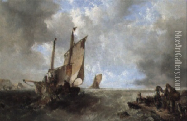 A Fishing Vessel Salvaging Some Wreckage And Fisherfolk With A Spaniel Oil Painting - Alfred Montague