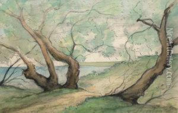 Woodland Study; Black Crayon And
 Watercolour, Bears Signature, Date And Inscription, 16.6x24.5cm. 
Provenance: With The Brod Gallery, London, According To Label Attached 
To The Reverse Oil Painting - Henri-Joseph Harpignies