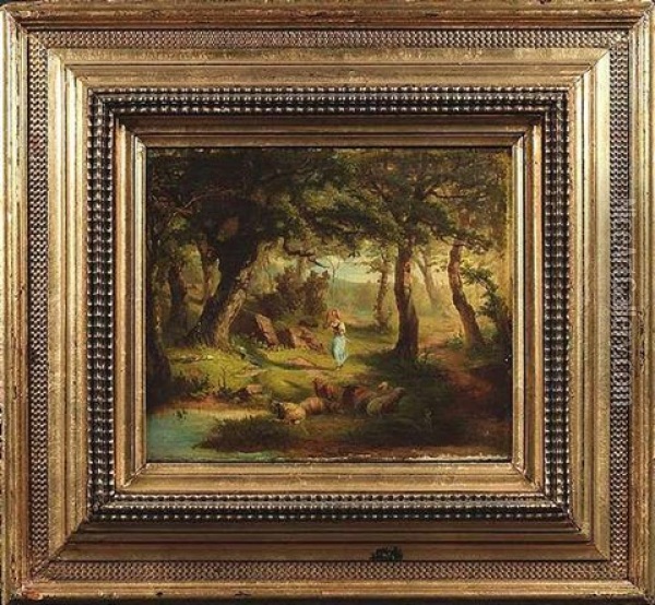 Junge Schafhirtin Mit Ihren Tieren In Einem Wald Oil Painting - Stanislas Lepine
