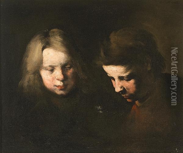 A Study Of The Heads Of Two Children Oil Painting - Theodule Augustine Ribot