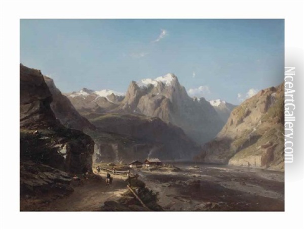 Travellers On A Path Near A Lake In The Alps Oil Painting - Johan Hendrik Meyer