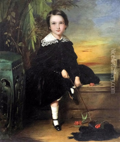 Full Length Portrait Of A Seated Child With Riding Crop Oil Painting - George Duncan Beechey