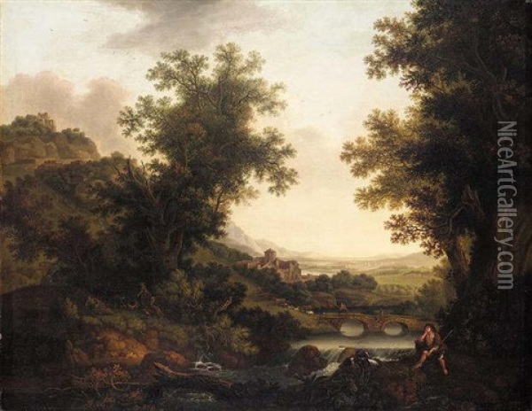 An Extensive Italianate Landscape With A Goat Herder In The Foreground Oil Painting - Joseph Browne