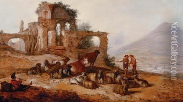 Peasants With Livestock By 
Classical Ruins In An Extensive Landscape, With A Youth Playing A Pipe 
In The Foreground Oil Painting - Jacobus Sibrandi Mancandan