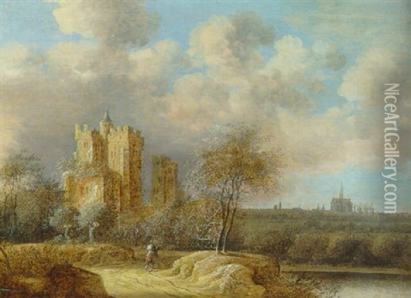 Landscape With A Ruined Castle And Haarlem In The Distance Oil Painting - Jacob Van Der Croos